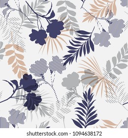 Monotone blue and grey of silhouette tropical foliage and fill in stripe leaves in colorful mood  seamless pattern in vector for fashion fabric and all prints 