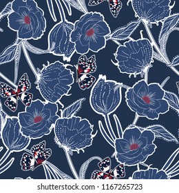 Monotone blue outline hand drawn graden in the dark dash botanic flowers with butterflies ,design for fashion,fabric,wallpaper and all prints 