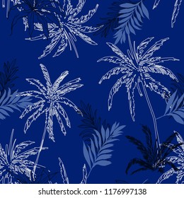 Monotone blue Seamless pattern vector Tropical jungle palm leaves, trees  floral pattern design for fashion ,fabric wallpaper and all prints 