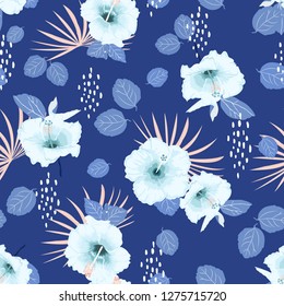 Monotone blue seamless vector hibiscus exotic floral pattern, spring summer background with tropical flowers, palm leaves, Hawaiian style design for fashion fabric,wallpaper,web and all prints