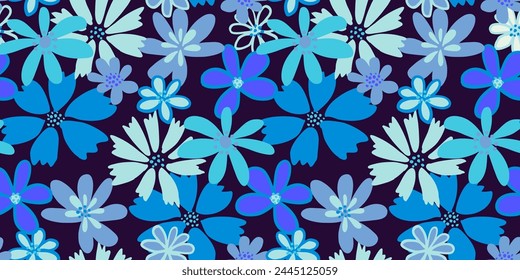 Monotone blue shapes abstract creative flowers seamless pattern on a black background. Vector hand drawn sketch. Groovy floral printing. Template for designs, notebook cover, childish textiles, paper