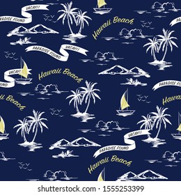 Monotone blue Summer Beautiful seamless island pattern contrast with retro yellow text. Landscape with palm trees, beach , hibiscus flower,mountain and ocean vector hand drawn style on dark blue