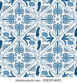 Monotone blue tropical beach seamless pattern. Geometric ceramic tile, palm tree, parrot, jungle leaves. Checkered summer print, damask textile design, vector hand drawn illustration, exotic wallpaper