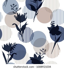 Monotone in blue Vector botanic silhouette floral seamless pattern on modern colorful stripe polka dot, delicate flower wallpaper, wild flowers  