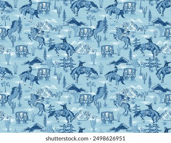 Monotone Blue western Cowboys rodeo  seamless  from wild west rural Landscape mountain farm vector illustration ,Design for fashion , fabric, wrapping and all prints