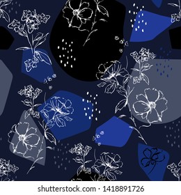 Monotone blue and white Mimimal hand sketch flowers and botanical with modern silhouette random shape seamless pattern in vector design for fashion,fabric,web,wallpaper,and all prints on navy blue