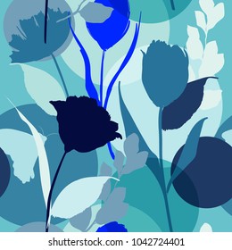 Monotone  bright summer on blue tonw  Silhouette Abstract seamless pattern with leaves and flowers Background with flowers vector on modern style.