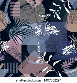 Monotone dark blue Summer night of geometric shape with tropical forest leaves modern mood  stripe seamless pattern for fashoin fabric ,wallpaper book , card and etc