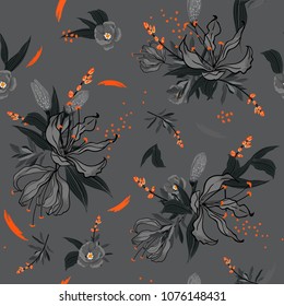 Monotone  Floral pattern in the many kind of flowers with orange brush, Botanical . Seamless vector texture.  for fashion fabric and  all prints  with in hand drawn style on grey background.