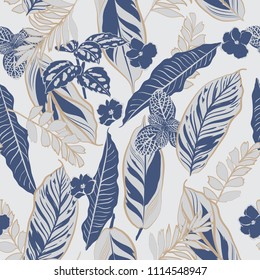 Monotone grey and blue tropical leaves and foliage seamless pattern vector in hand drawn style for fashion fabric and all prints on light grey background color