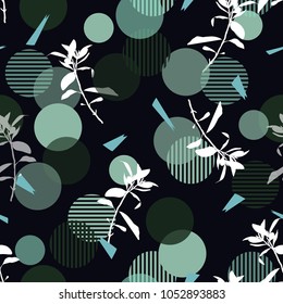 Monotone grey and green  silhouette wild floral seamless pattern on modern  stripe polka dot, delicate flower wallpaper,on dark color and black background.