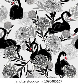 Monotone grey Soft and gentle oreintal blooming flowers with hand drawing black swan bird in seamless pattern ,vector for fashion fabric and all prints on grey background.