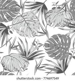 Monotone grey vector seamless beautiful artistic monotone tropical pattern with exotic forest. Colorful original stylish floral background print, bright rainbow colors on white.