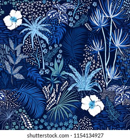 Monotone hand sketch seamless tropical dark summer forest pattern with colorful palm trees,leaves,exotic wild and plants vector in hand drawn style,for fashion ,fabric and all print on navy blue