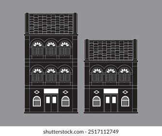 Monótono e histórico de estilo colonial doble y tres pisos de la terraza de la tienda. Vector, con fondo de color liso.