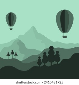 Monotone de paisaje montañoso con globo aerostático volador, relaja la naturaleza y concepto de viaje vacacional, ilustración vectorial objeto editable y espacio de copia de forma para texto individual