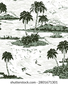 Monotone on blue shade Hand drawing watercolor painting island Hawaiian style seamless pattern for fashion, fabric and all prints 