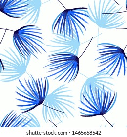 Monotone on blue shade Seamless pattern in vector hand brush sketch of palm leaves .Design feor fashion, fabric, web,wallpaper, wrappidng and all prints on white background