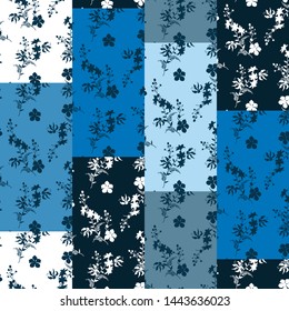 Monotone on blue shade vector patchwork vertical pattern. Modern Silhouette floral botanic decorative collage background. Colorful design motif  for fashion, fabric, web, wallpaper and all prints 