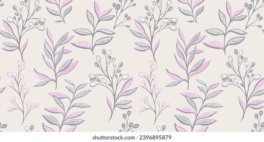 Monotone pastel beige creative leaf branches. Retro abstract leaves stem background. Vector hand drawn. Design for fashion, fabric, wallpaper.