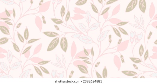 Monotone pastel seamless pattern with creative, stylized branches leaf. Vector hand drawn. Floral stem with leaves light print. Template for design