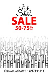 Monotone of pens and brushes layer at the bottom with text, Back to school sale. Background design for school and education sale event in vector illustration.  