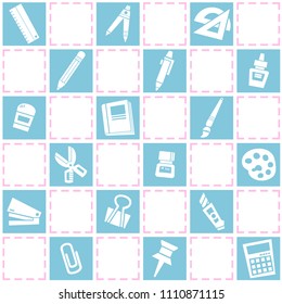 Monotone seamless background of stationery pattern. School theme in Blue color.  Freehand drawing in cute style. Vector illustration. 