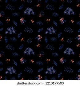 Monotone seamless pattern,blue flowers with dragonfly on dark background,design for fashion,fabric,textile,print or wallpaper