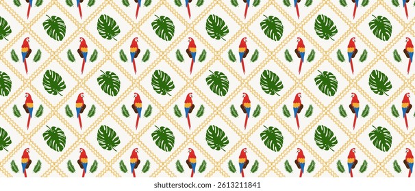 Monotone seamless tropical pattern with parrot and palm leaves. Checkered summer print exotic. Vector.