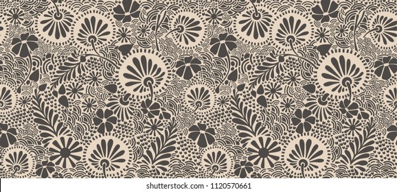 Monotone seamless vector pattern. The picture shows flowers in a modern style. Clover.Yu dandelions and branches with leaves.