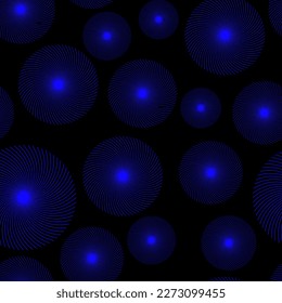 Monotone shade of blue minimal geometric circle from line and dots samless pattern. Motion. Curved bright lines on a black background resembling tornado. Blue vortex spiral.