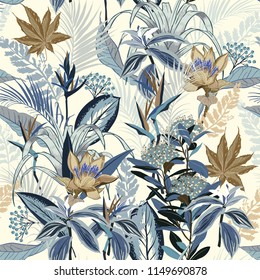 Monotone in shade of blue ,Summer wild forest full of  blooming flower in many kind of floral seamless pattern vector ,hand drawing style for fashion, fabric and all prints on white background.