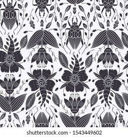  monotone silhouettes of flowers and insects. vector  seamless pattern with hand drawn plants and beetles. white and black pattern.
