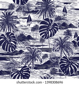 Monotone vector hand drawn on navy blue seamless island pattern on white background. Landscape with palm trees,beach and ocean vector 