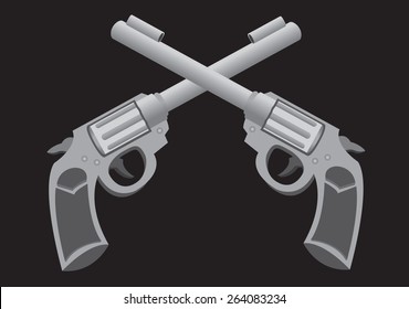 Monotone vector illustration of two retro revolvers in cross formation isolated on black background. 
