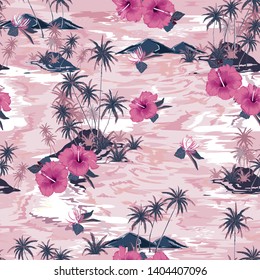 Monotone vintage pink of beautiful island summer paradise with blooming hibiscus flowers,palm tree and exotic plants design for all prints on retro pink backgrond color