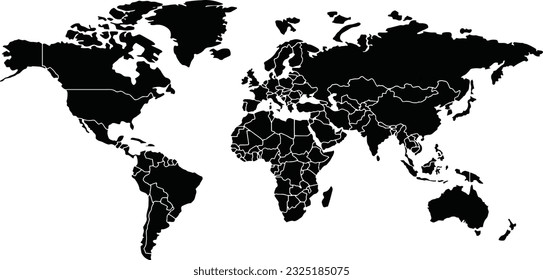 Monotone of World, schwarzer Farbton jedes Kontinents, einfache, flache Vektorkarte, einzeln