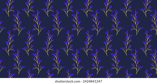 Monotones dark blue seamless pattern stylized branches with abstract berries. Creative tiny floral stems with shapes drops, dots, spots pattern. Vector hand drawn sketch. Collage for designs