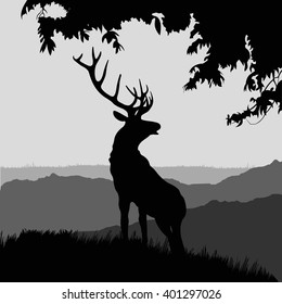 monotonic illustration of an elk. silhouette of elk in the natural environment.  illustration of elk on a landscape. 