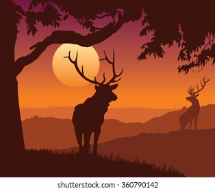 monotonic illustration of two elks on a landscape