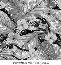 Monotowne black and grey Seamless pattern in vector Beautiful exotic layer of summer leaves and yellow blooming flowers  design for fashion,web,wallpaper,fabric and all prints 