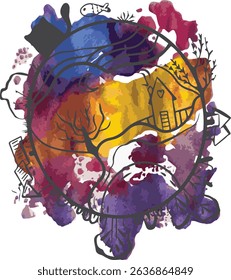 Monotype illustration based on a bright multi-colored spot