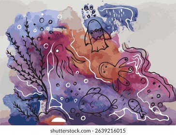 Monotype illustration of sea creatures based on a bright multi-colored spot