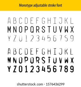 Monotype letters stroke font alphabet and numbers. Thin line with adjustable width, hatching and design. One width symbols set. You can apply any brush type to letters center line.