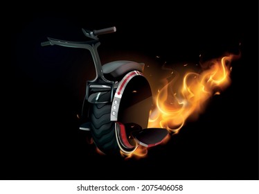 Monowheel fire realistic composition with image of monocycle with flame coming from tire on black background vector illustration