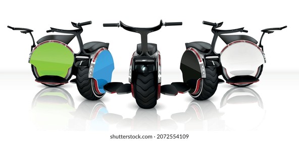Monowheel realistic composition with images of multiple monocycles with reflections different side colors on blank background vector illustration