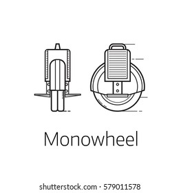 Monowheel vector illustration. Alternative city transport self-balancing wheel in thin line design. Personal transportation gadget. Modern balance electrical vehicle.