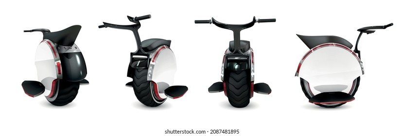 Monowheel white realistic set of four isolated icons with different angle views of modern monocycle vehicle vector illustration