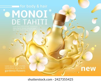 Monoy de Tahiti poster. Glass bottle with yellow transparent oil. Liquid splashes, frangipani flower. Advertising banner template, cosmetic or food product presentation. Vector concept