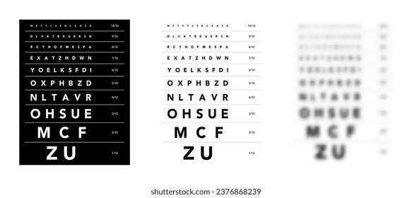 Gráfico monográfico Ilustración médica de Eye Test Chart. contorno de estilo de esbozo vectorial de línea aislado en fondo blanco y negro. Prueba optometrista de tablero de visión para examen visual Verificación de gafas ópticas
